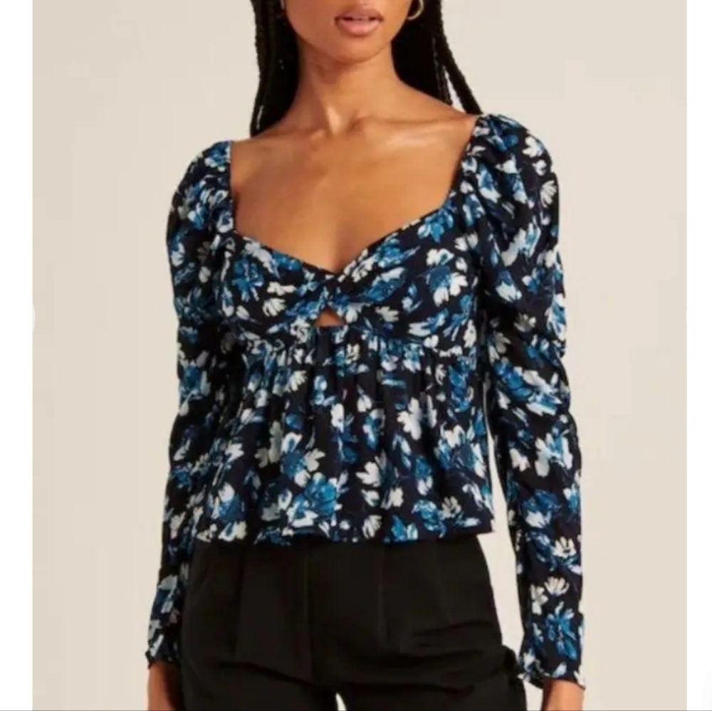 Abercrombie & Fitch L/S Sheer Twist-Front‎ Top Blue Floral, Sz Sm Fairy Coquette
